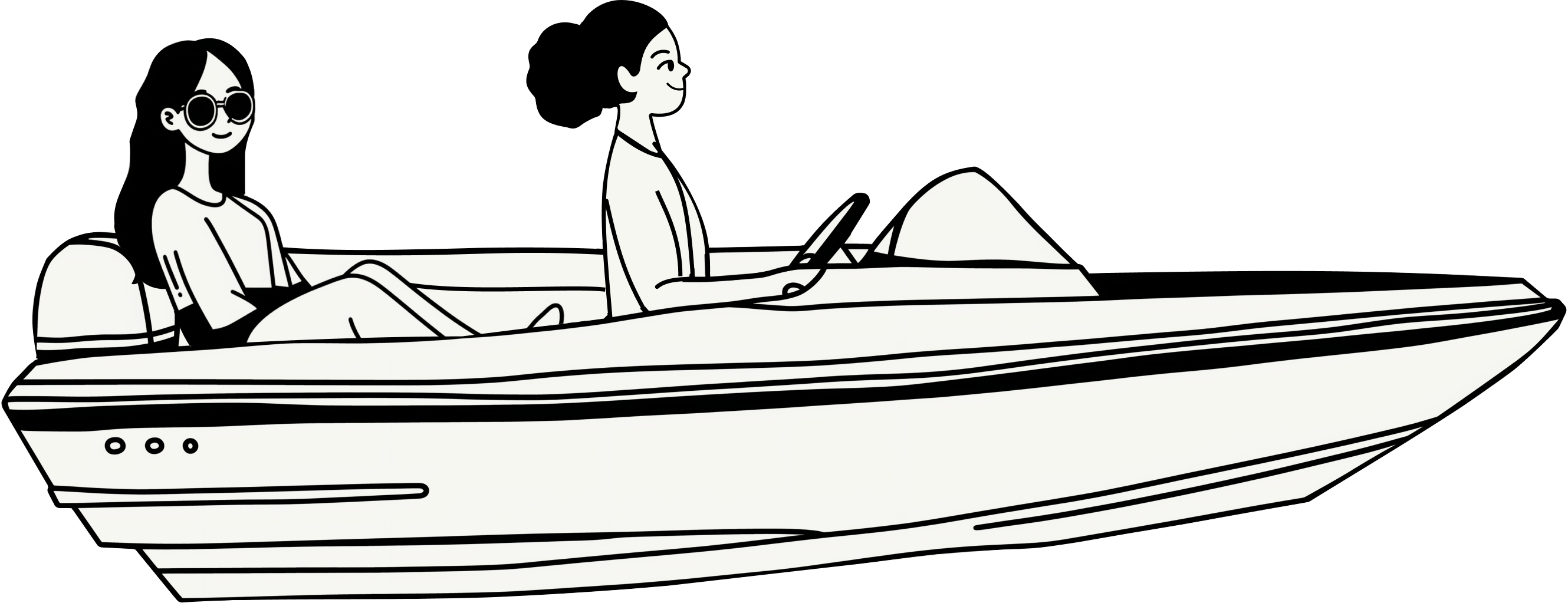 A lawyer driving a speedboat with a relaxed founder in the back, riding the swell up the growth curve