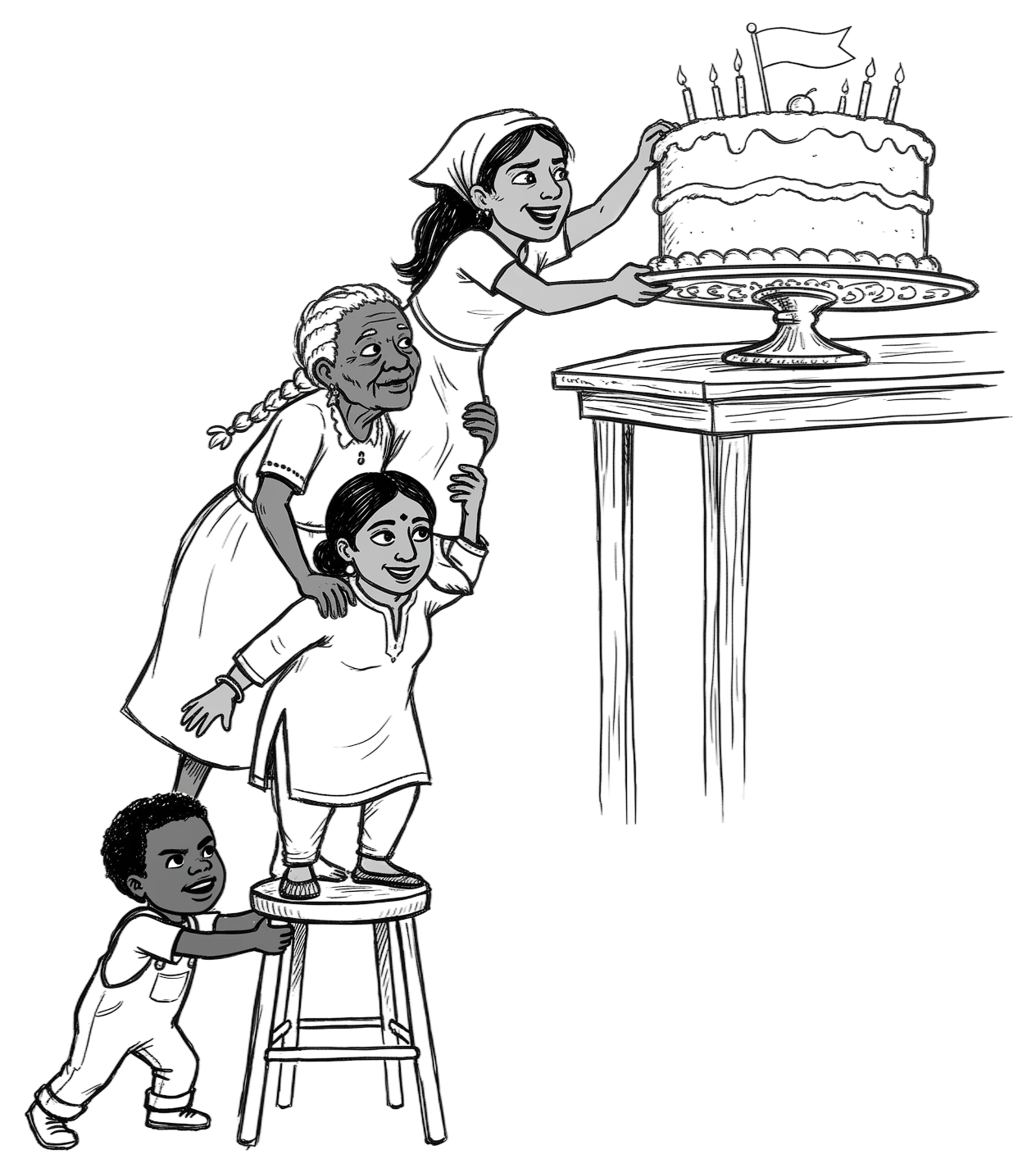 Four generations boosting one another up — a child steadying a stool, a woman on it lifting an elder, who lifts a girl to reach a cake on a table